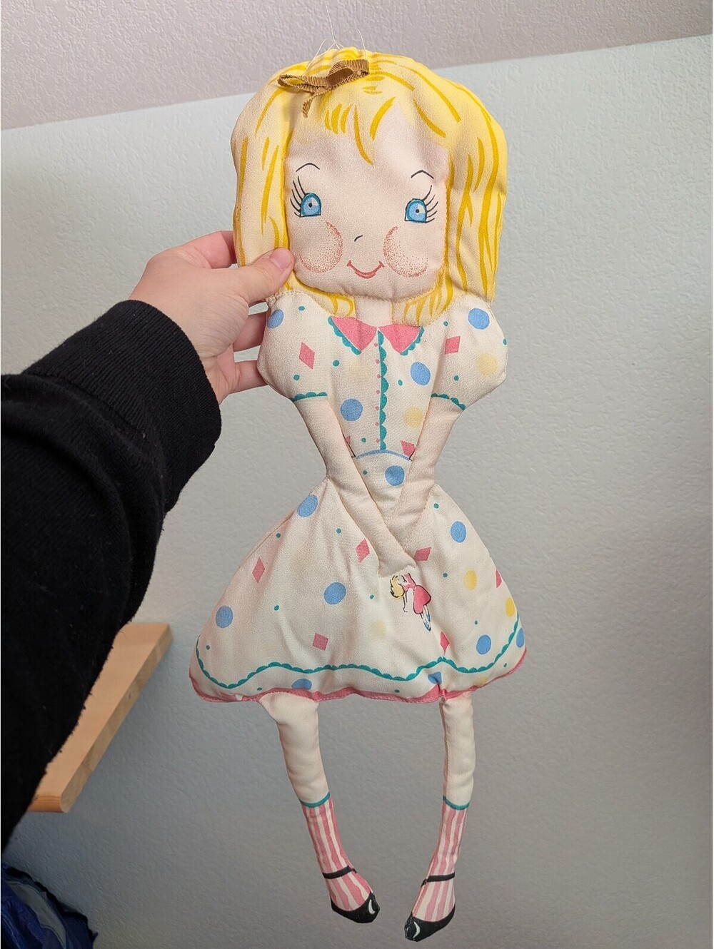 Vintage 1940s Handmade Cloth Rag Doll Blonde Polka Dot Dress New York Antique